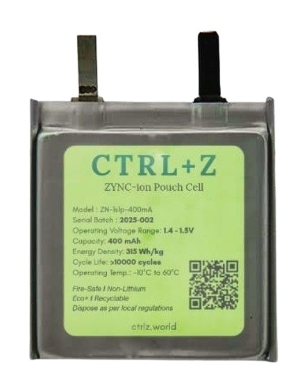 A CTRL+Z zinc-ion pouch cell with a green label.