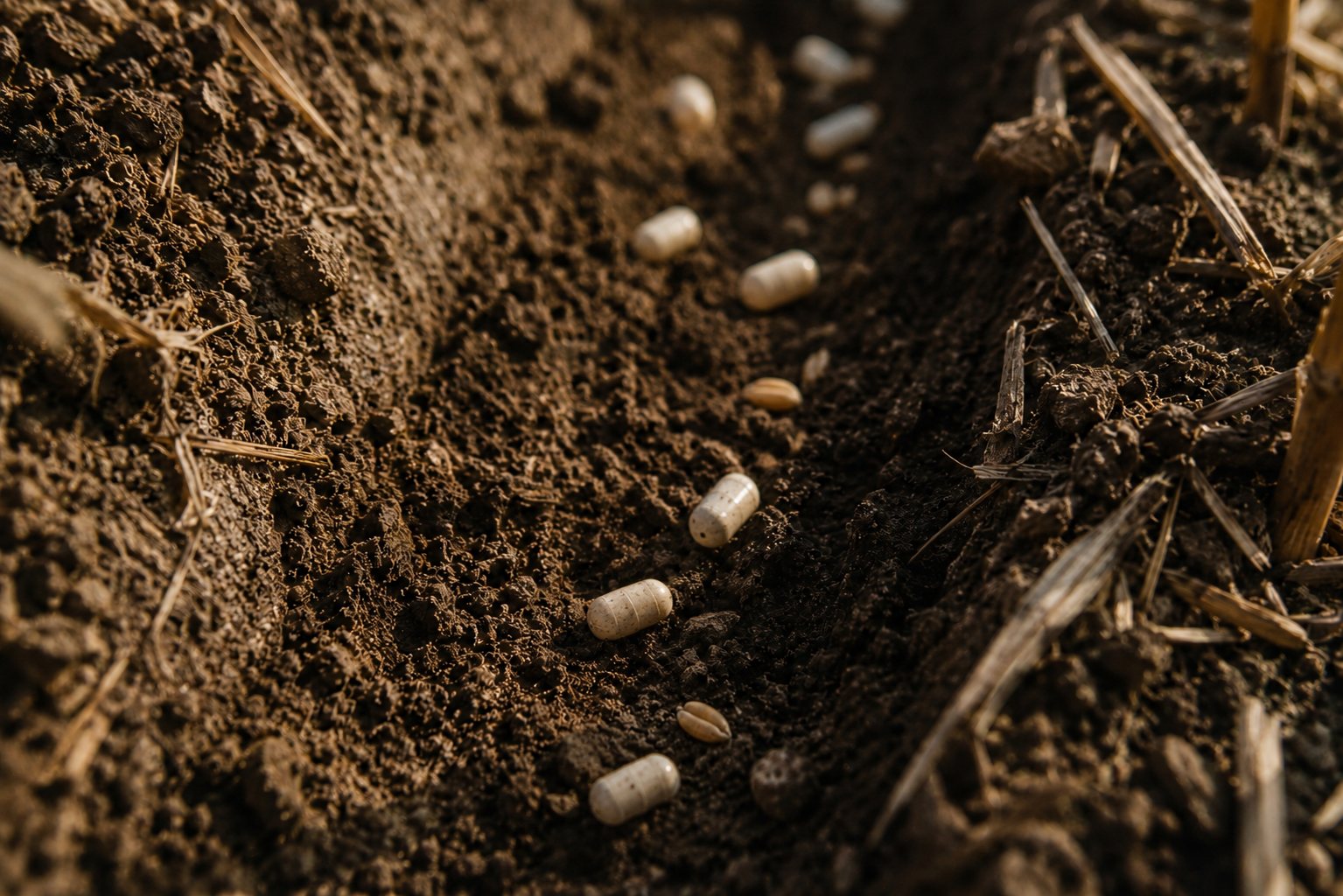 Aeropod capsules lying in a furrow of soil alongside seeds.